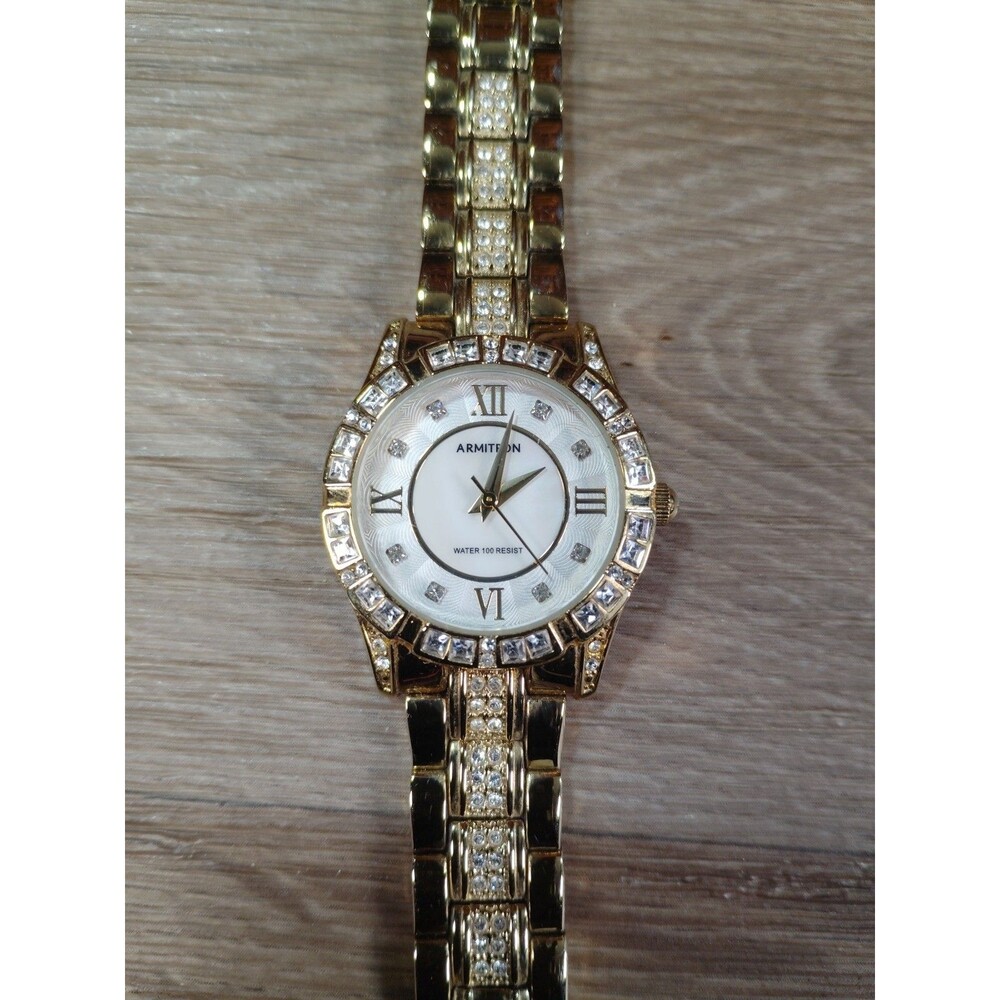 Armitron Watch Women 30mm Rose Gold Tone Rhinestones Clasp Band New Battery 6.5"